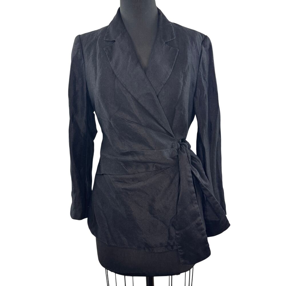 ZARA Black Blazer Notch Lapel Wrap-Tie Gathered Shoulder Formal Size Medium M